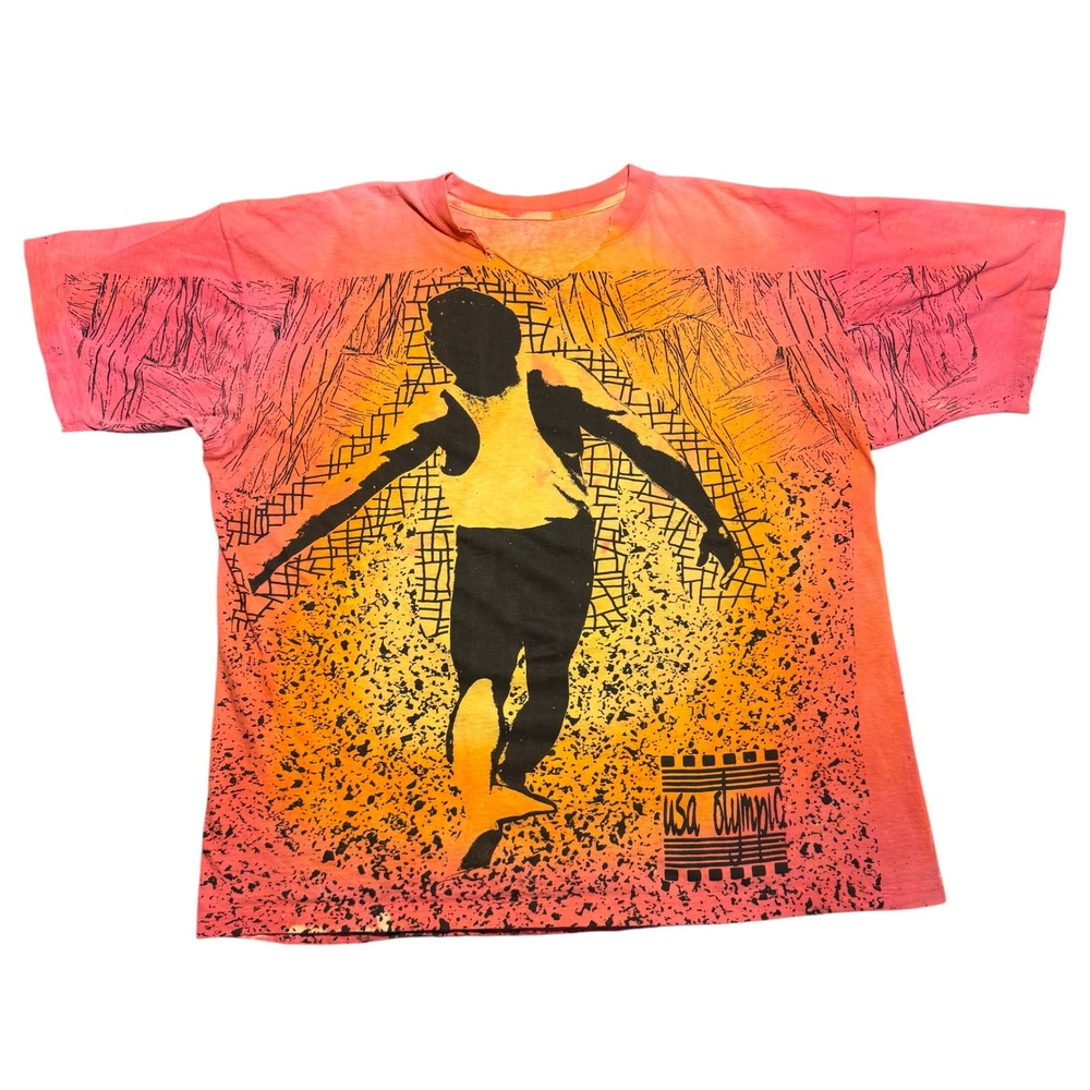 Vintage 90s USA Olympic All Over Print T-Shirt Pink Orange Single Stitch Large